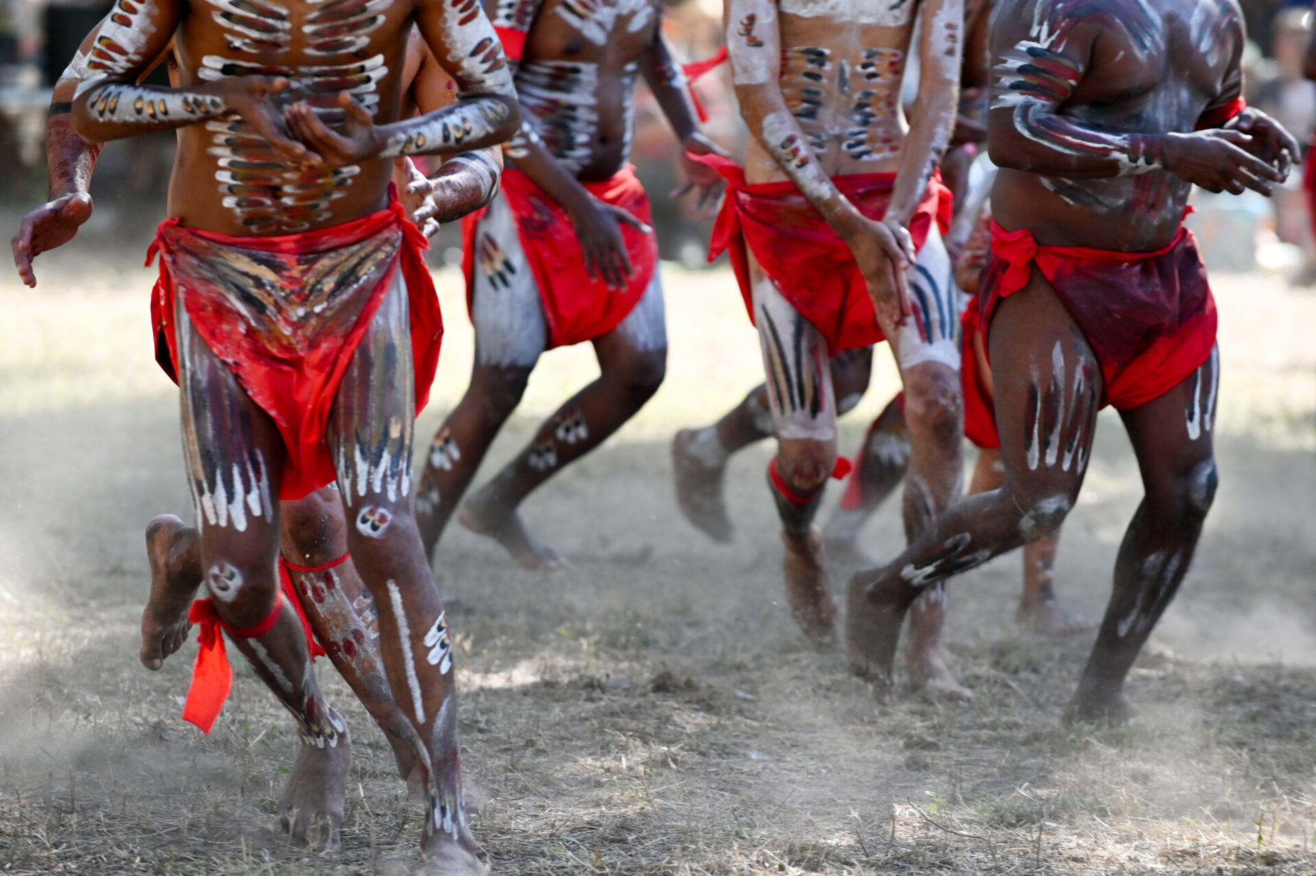 Indigenous Australians men during ceremonial dance in Laura Quinkan Dance Festival Cape York Queensland Australia