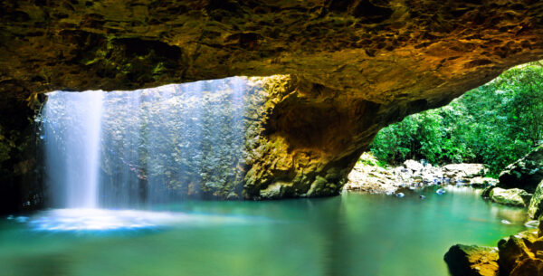 Natural Bridge waterfall cave at Springbrook National Park in Queensland Australia.