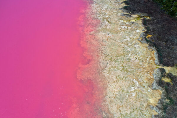 Aerial landscape view of Hutt Lagoon pink lake at Port Gregory in Western Australia.