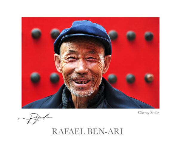 Portrait of a happy active senior adult Chinese man cheesy smile while visiting at the Forbidden City in Beijing, China - Fine art photography print for sale. Decoration poster for home or office wall taken by documentary travel photographer Rafael Ben Ari