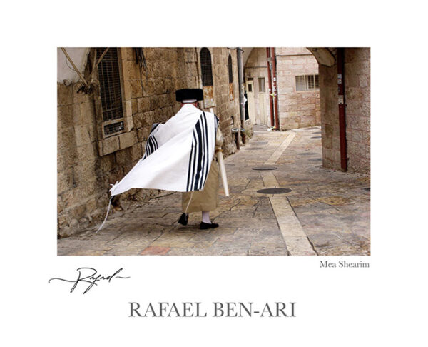 Ultra Orthodox Jewish man walking in a street of Mea Shearim neighborhood, on his way to pray in the Kotel Western Wailing wall on Sukkot Jewish holiday in Jerusalem, Israel - Fine art photography print for sale. Decoration poster for home or office wall taken by documentary travel photographer Rafael Ben Ari