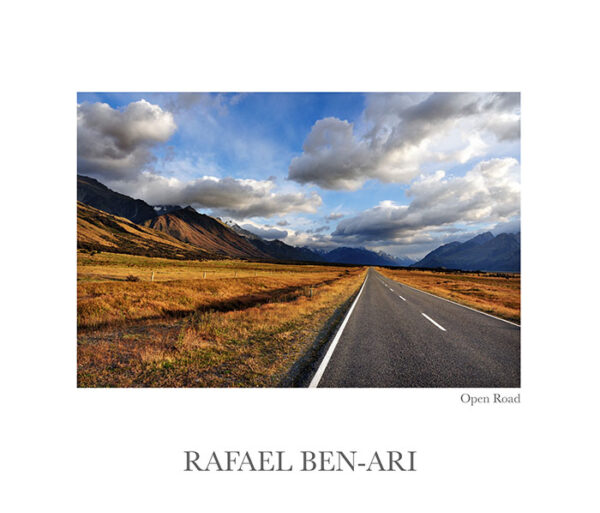 An open road leading to Mount Cook (Aoraki) National Park in the South Island Southern Alps New Zealand – Fine art photography print for sale. Decoration poster for home or office wall taken by documentary travel photographer Rafael Ben Ari