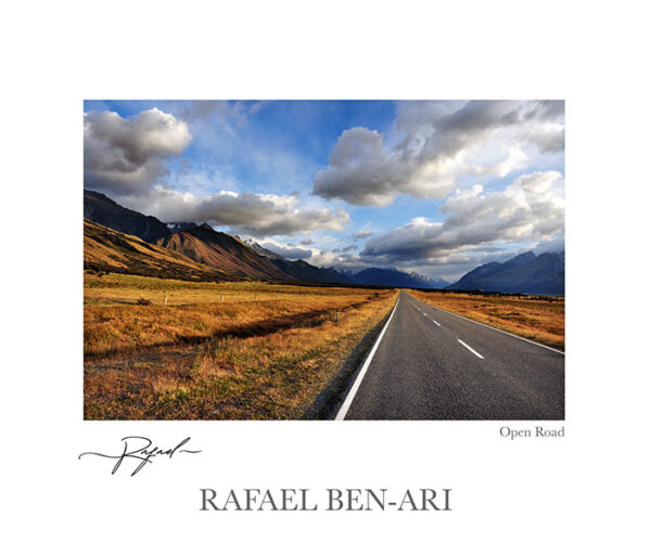 An open road leading to Mount Cook (Aoraki) National Park in the South Island Southern Alps New Zealand – Fine art photography print for sale. Decoration poster for home or office wall taken by documentary travel photographer Rafael Ben Ari