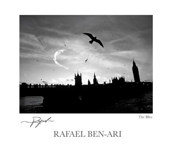 The Blitz above Westminster Bridge and Westminster Palace Big Ben Tower in London, England, UK United Kingdom - Fine art photography print for sale. Decoration poster for home or office wall taken by documentary travel photographer Rafael Ben Ari