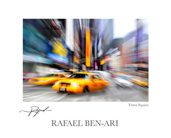 Yellow medallion taxi rushing on Times Square Broadway entertainment district in midtown Manhattan New York City NYC United States of America Fine art photography print for sale. Decoration poster for home or office wall taken by documentary travel photographer Rafael Ben Ari