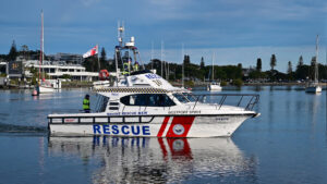 Marine Rescue NSW boat.It's a state's official volunteer marine rescue service, committed to saving lives on the water of the mid coast of Australia.