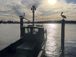 Silhouette fishing boat and pelican on a pole