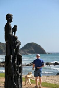 PORT MACQUARIE, NSW - SEP 18 2025:Monument to Harry Thompson a unique beach sculptur created by Artist Sue Bell located at Shelly Beach Port Macquarie NSW, Australia