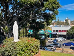 PORT MACQUAIRE, NSW - SEP 24 2025:Virgin Mary statue at St. Agnes Catholic Parish Church.In 2021 Australian Census, there were 5,075,910 Catholics in Australia, making up 20 percent of the total population.