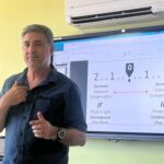 Documentary travel photographer Rafael Ben Ari teaching photography course in college classroom